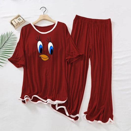 Maroon White Border Daffy  Printed Shirt & Palazzo