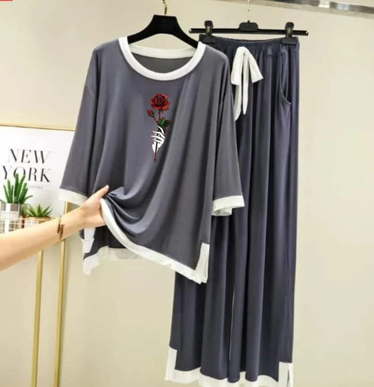 Rose Flower   Printed Full Sleeves Grey white Border Shirt & Palazzo