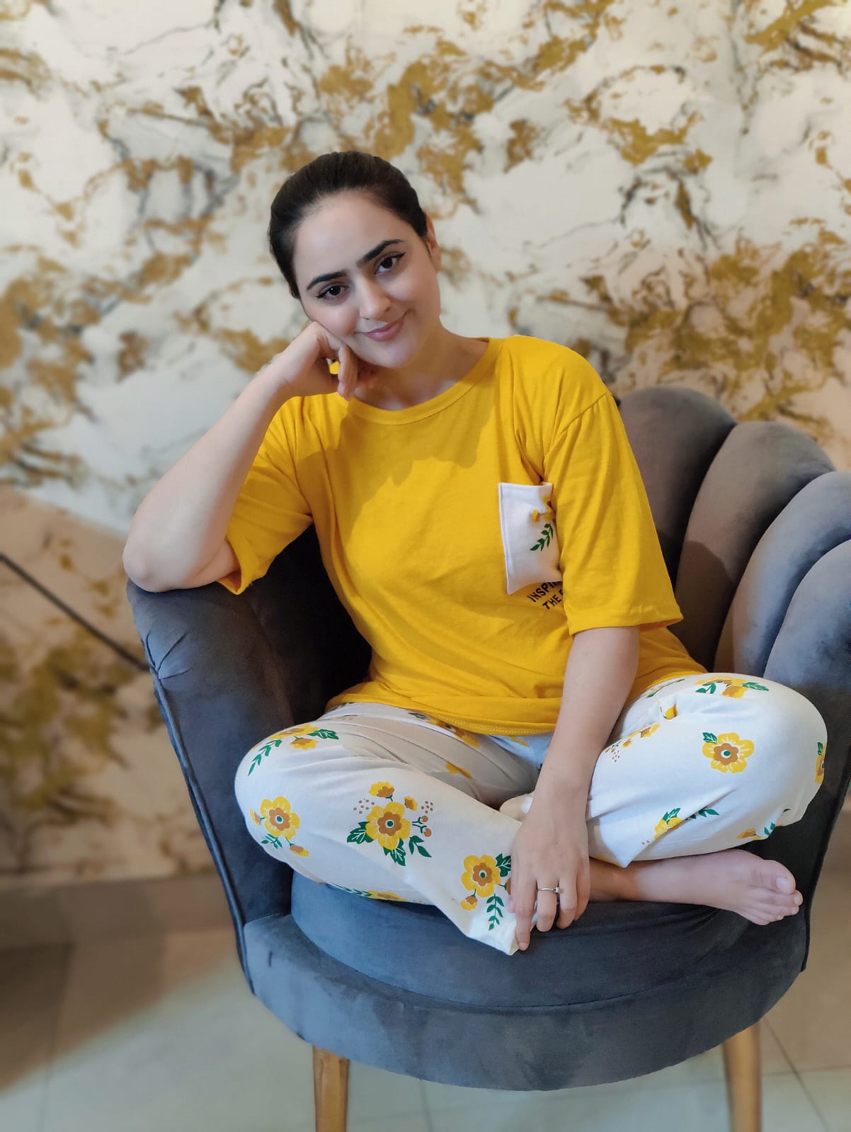 Yellow Flower Printed Pocket Half Sleeves Shirt and White Flower Printed Trouser Night Wear