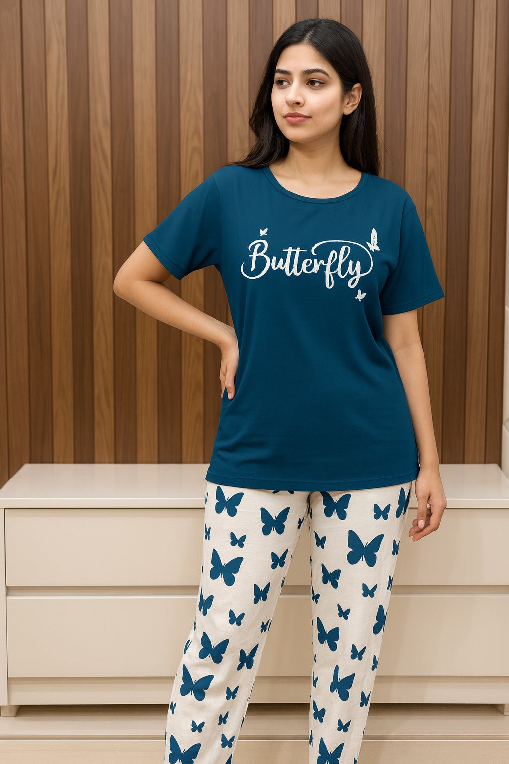 Sailor Blue  Butterfly Printed T-Shirt with Butterfly printed trouser Night wear