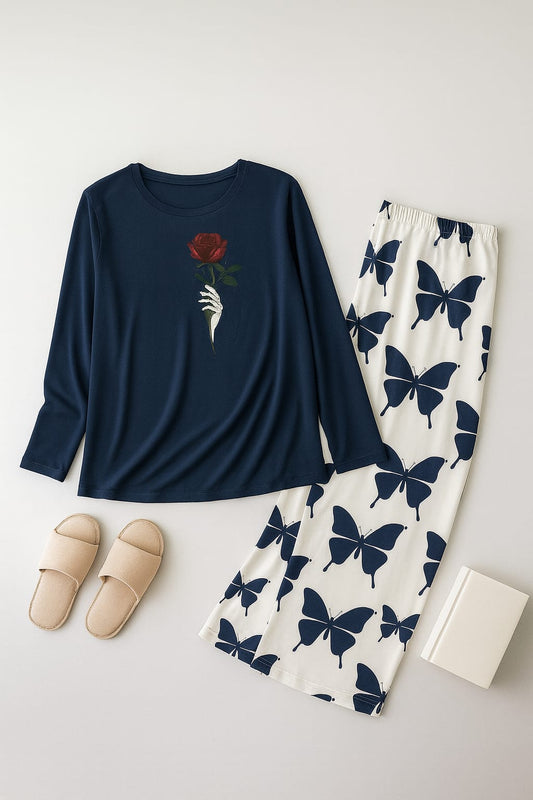 Rose Flower Printed Navy blue Shirt With butterfly Printed Trouser