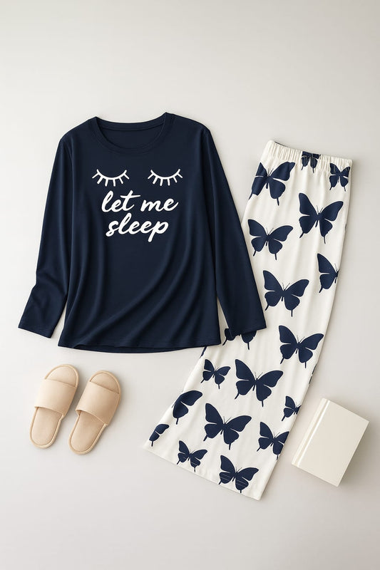 Let me Sleep Printed Navy Blue Shirt With butterfly Printed Trouser
