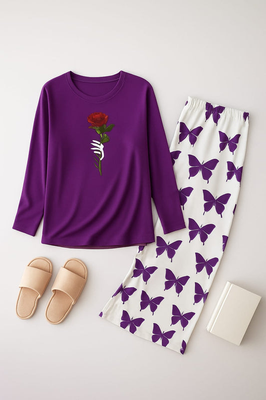 Rose Flower Printed purple Shirt With butterfly Printed Trouser