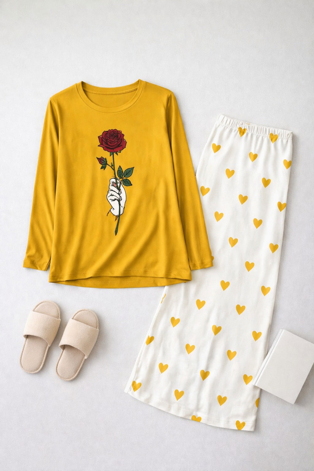 Rose  Flower Printed Yellow Shirt With Heart Printed Palazzo