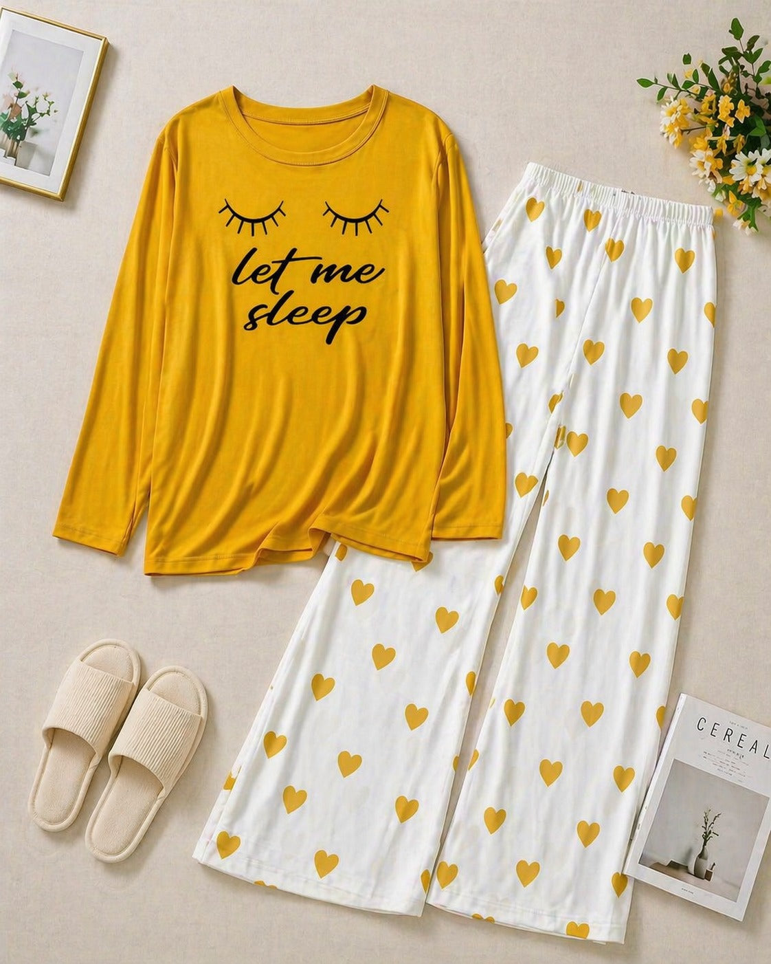 Let Me Sleep Printed Yellow Shirt With Heart Printed Palazzo