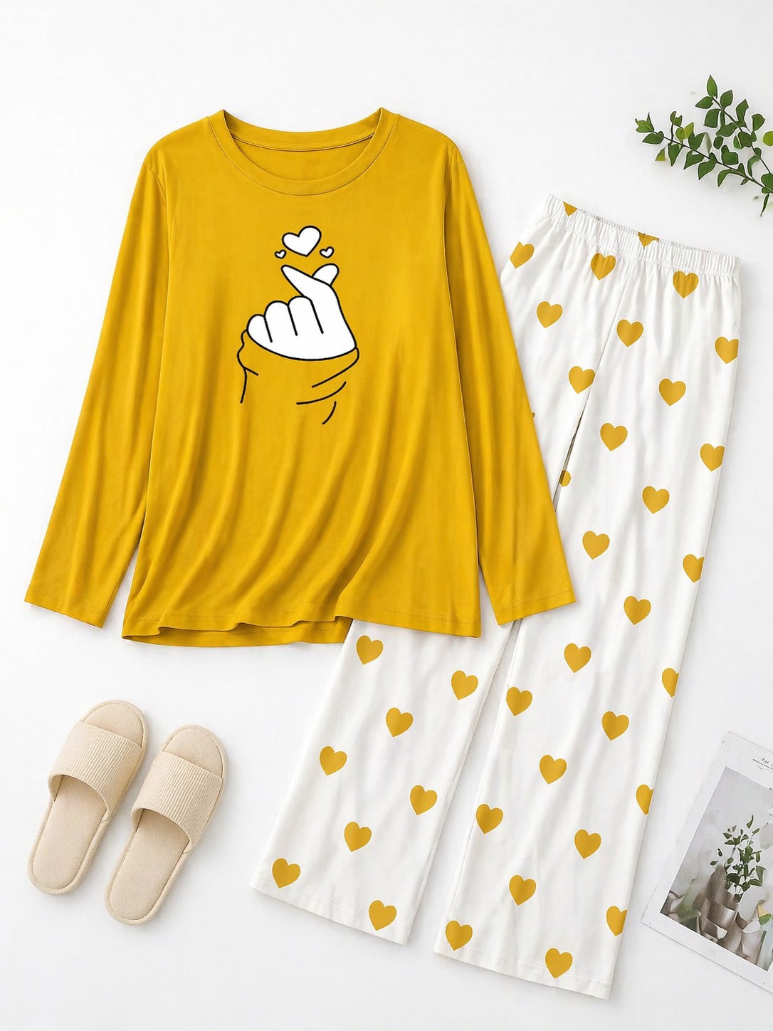 Finger Love Printed Yellow Shirt With Heart Printed Trouser
