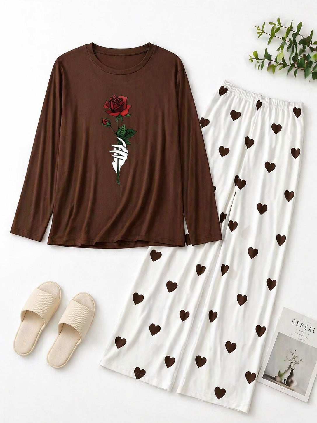 Rose Flower Brown Shirt With Heart Printed Trouser
