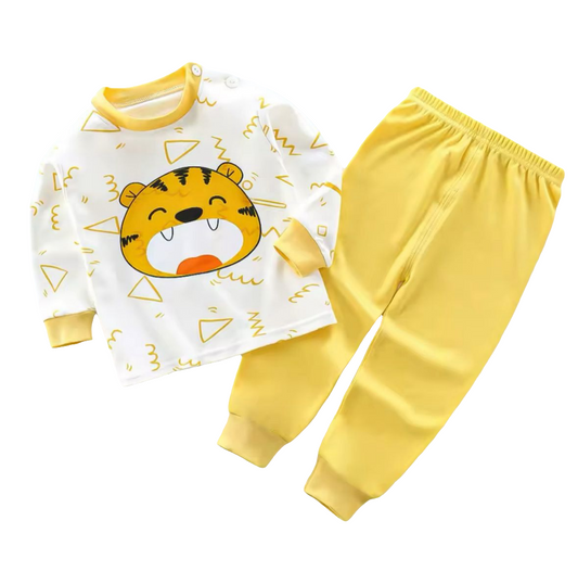 Off White Lion with yellow pajama Printed Kids Night Suit