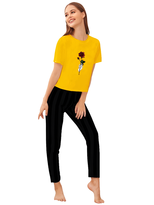 Rose Flower Printed Yellow Shirt With Black Trouser