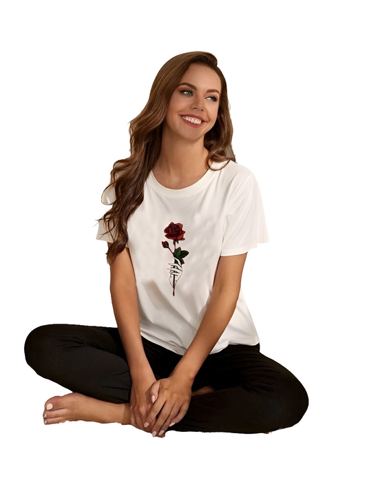 Rose Flower Printed White Shirt With Black Trouser
