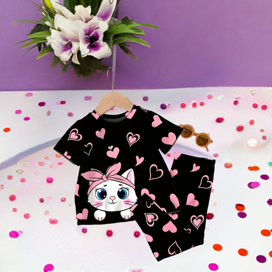 Black Kitty With Pink Hearts Print Kids Night Suit