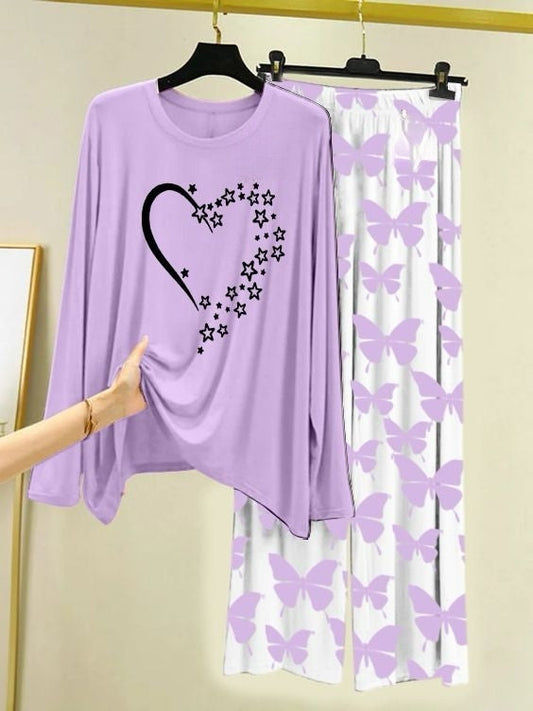 Starlight Heart Printed Light Purple  Shirt with Butterfly Printed Trouser