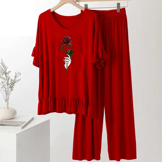 Rose Flower  Red Half Sleeve frock Style shirt with Palazzo
