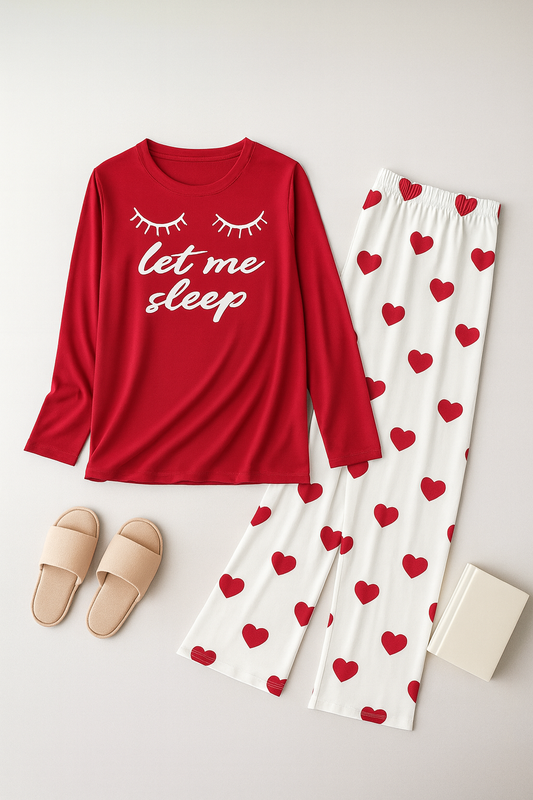 Red Let Me Sleep Printed Red Shirt With Heart Printed Trouser