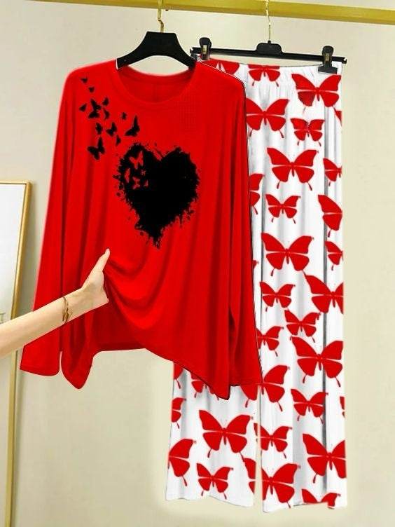Butterfly Bloom Printed Red  Shirt with Butterfly Printed Trouser