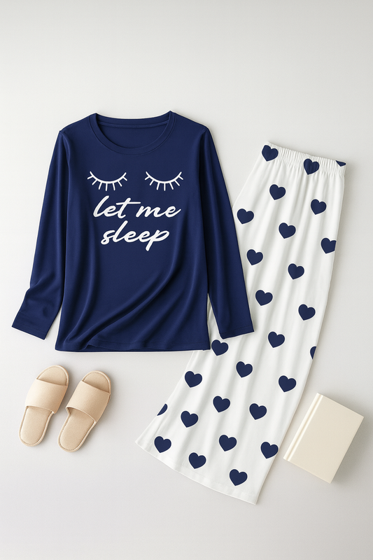 Navy Blue Let me sleep Printed Shirt With Heart Printed Trouser