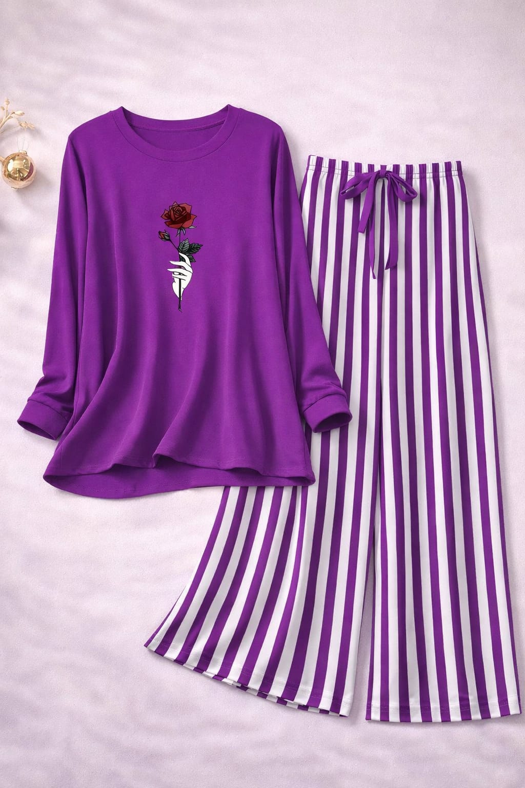 Dark Purple Rose Flowers Printed Shirt With Lining Palazzo