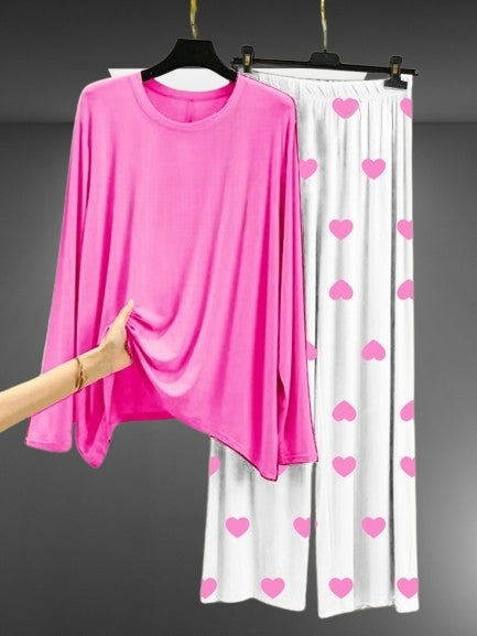 Plain Pink Shirt With Heart Printed Trouser