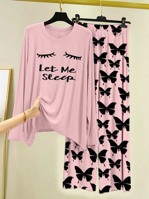 Let me Sleep Printed Pink Shirt with Butterfly Printed Trouser