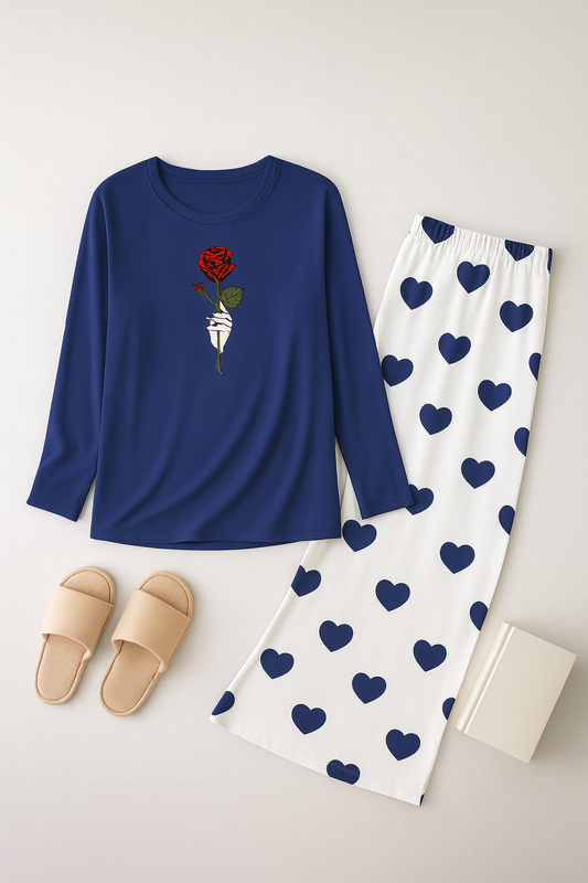 Navy Blue Rose Flower Printed Shirt With Heart Printed Trouser