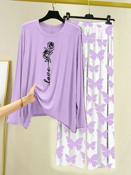 Rose Love Printed Light Purple  Shirt with Butterfly Printed Trouser