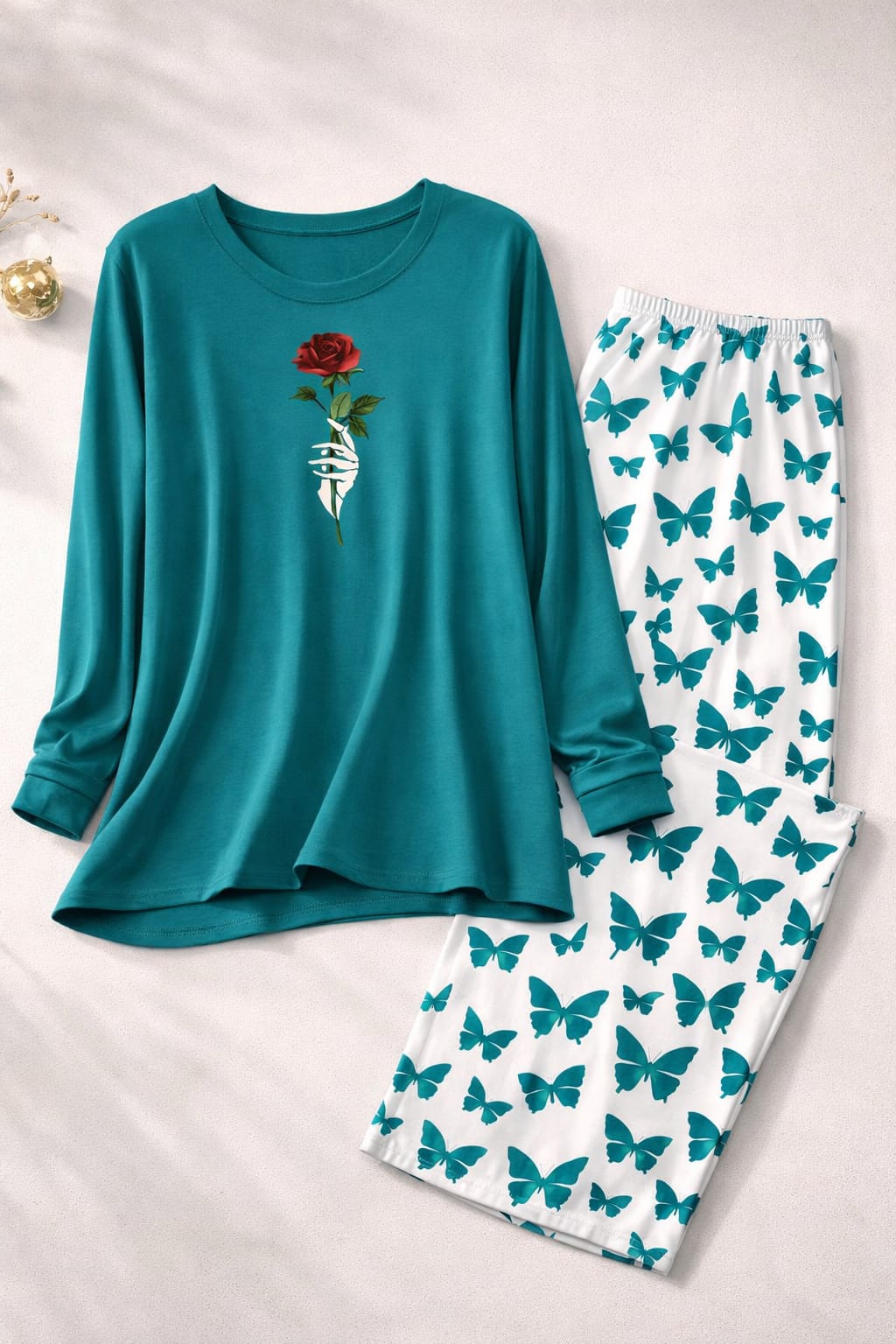 Rose Flower Printed sea green Shirt With butterfly Printed Palazzo
