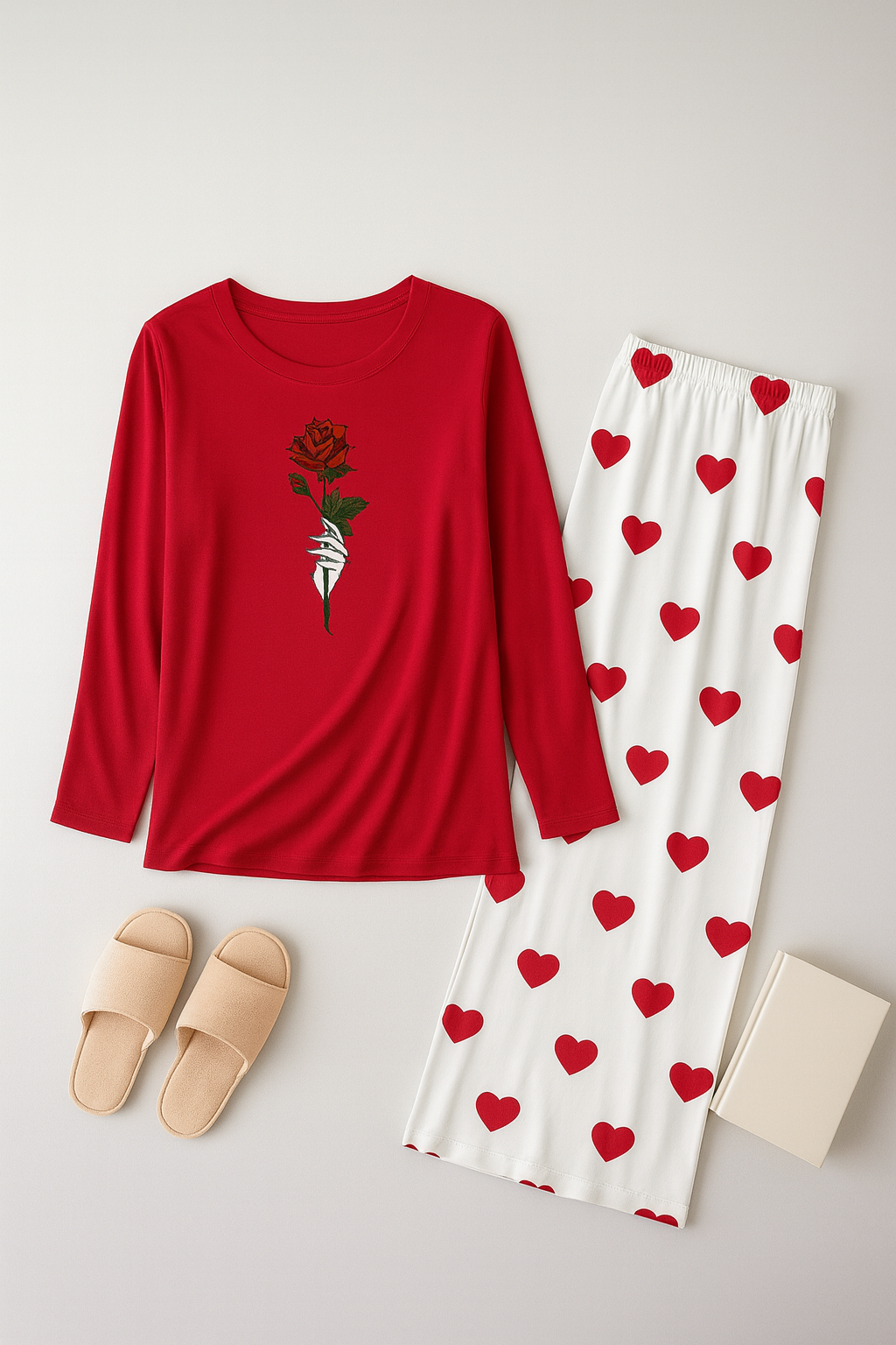 Rose Flower Printed Red Shirt With Heart Printed Trouser