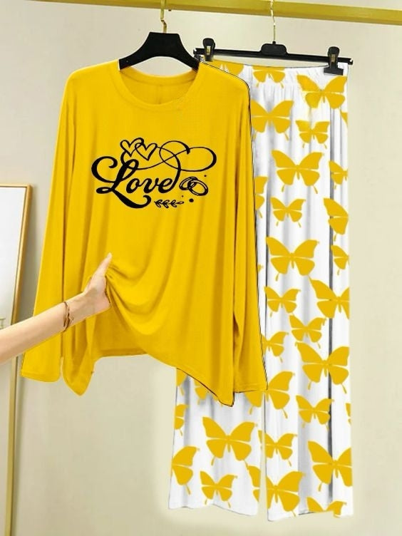 Love Script Printed Yellow  Shirt with Butterfly Printed Trouser