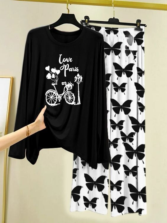 Love in Paris Printed Black Shirt with Butterfly Printed Trouser