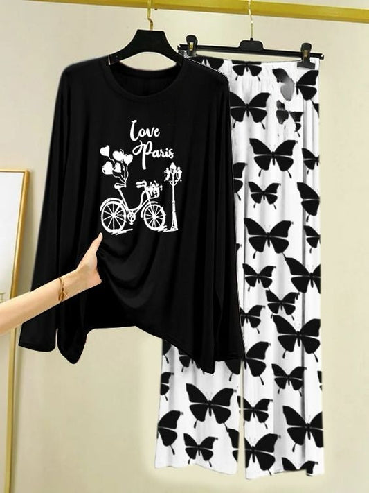 Love in Paris Printed Black Shirt with Butterfly Printed Trouser