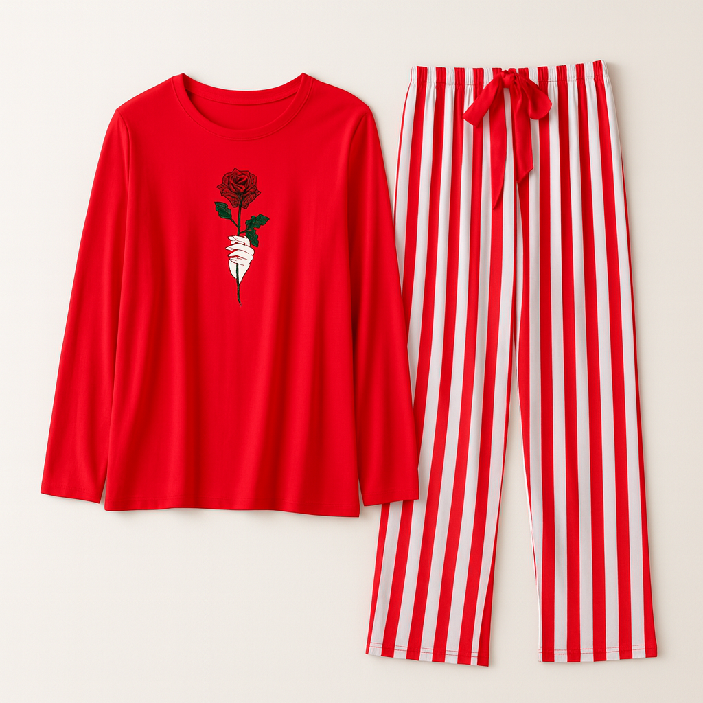 Red ( Rose Flower) Printed Shirt With Lining Trouser