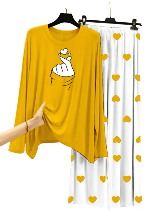 Finger Love Printed Yellow Shirt With Heart Printed Trouser