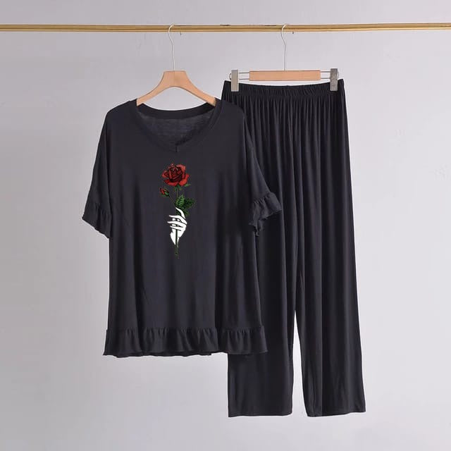 Black Rose Flowers Printed Frock style Shirt With Palazzo