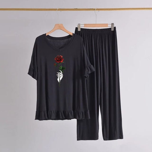 Black Rose Flowers Printed Frock style Shirt With Palazzo