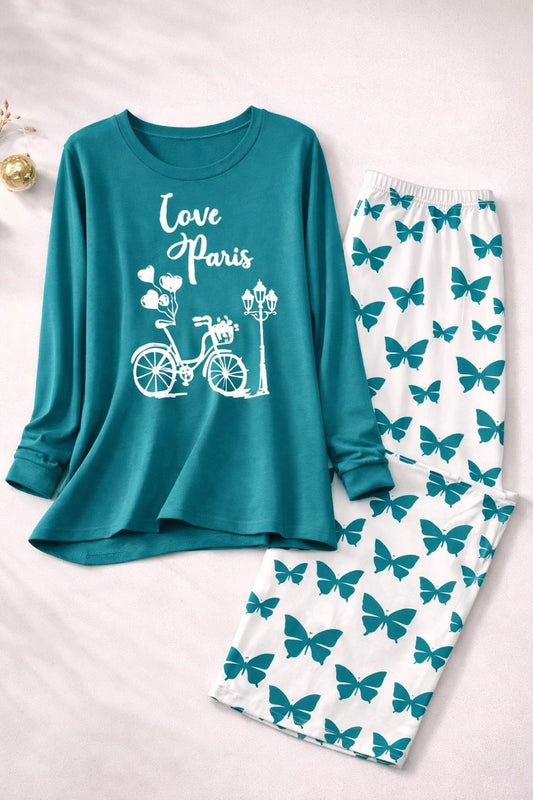 Love Paris   Printed Sea Green Shirt With butterfly Printed Palazzo