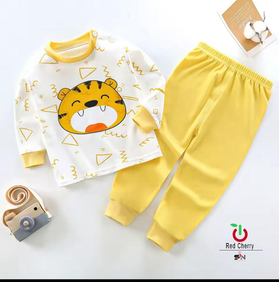 Off White Lion with yellow pajama Printed Kids Night Suit