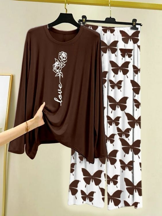 Rose Love Printed Brown Shirt with Butterfly Printed Trouser