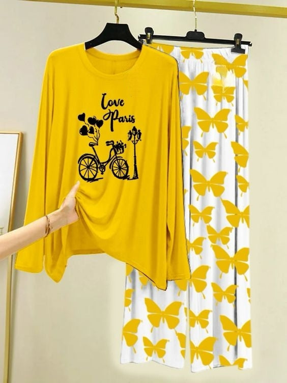 Love in Paris Printed Yellow  Shirt with Butterfly Printed Trouser