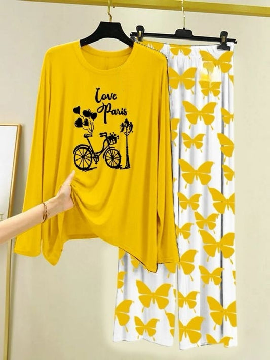 Love in Paris Printed Yellow  Shirt with Butterfly Printed Trouser