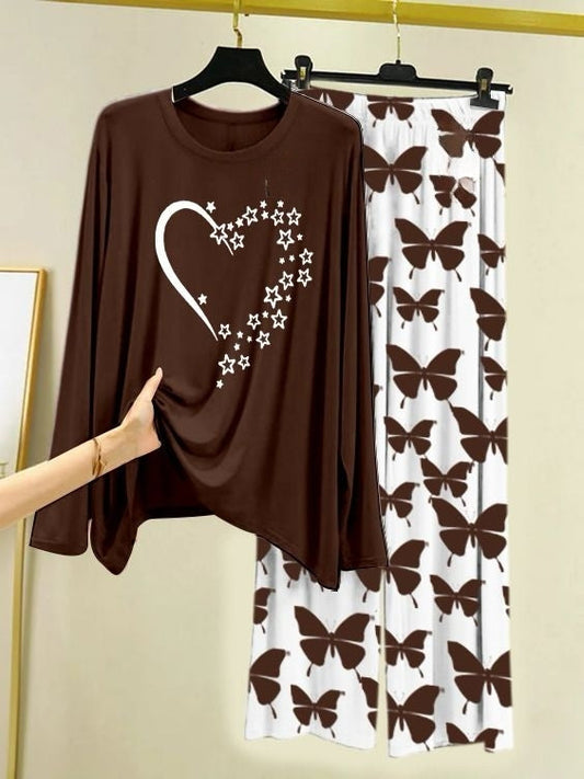 Starlight Heart Printed Brown Shirt with Butterfly Printed Trouser