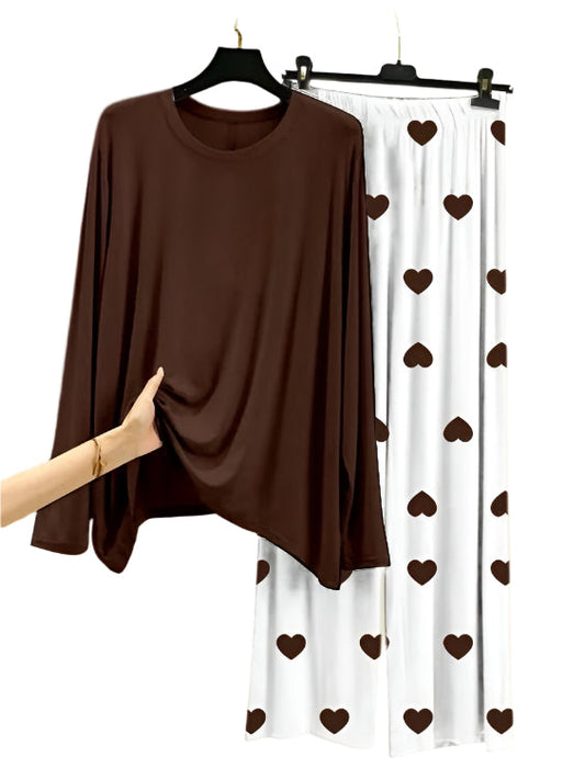 Plain Brown Shirt With Heart Printed Trouser