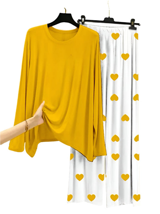 Plain Yellow Shirt With Heart Printed Trouser
