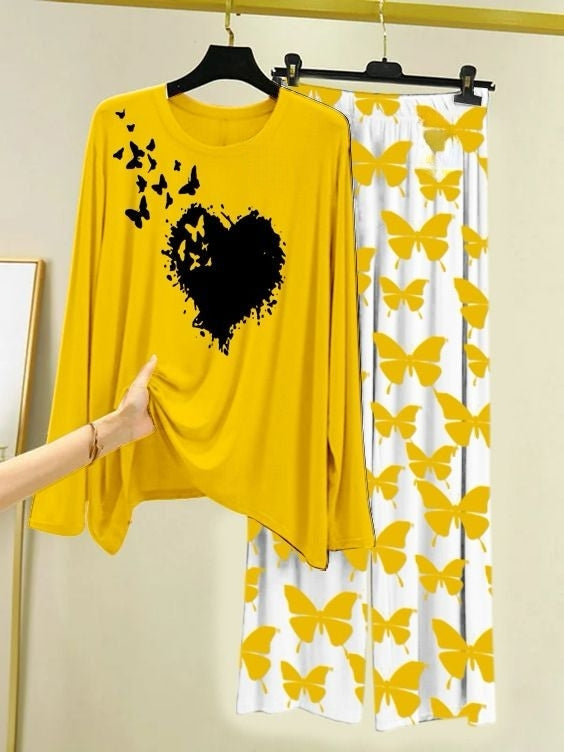 Butterfly Bloom Printed Yellow  Shirt with Butterfly Printed Trouser
