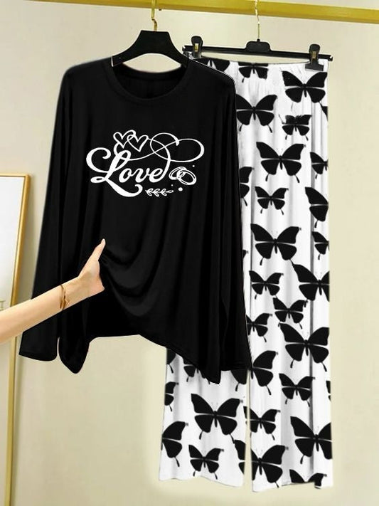 Love Script Printed Black Shirt with Butterfly Printed Trouser
