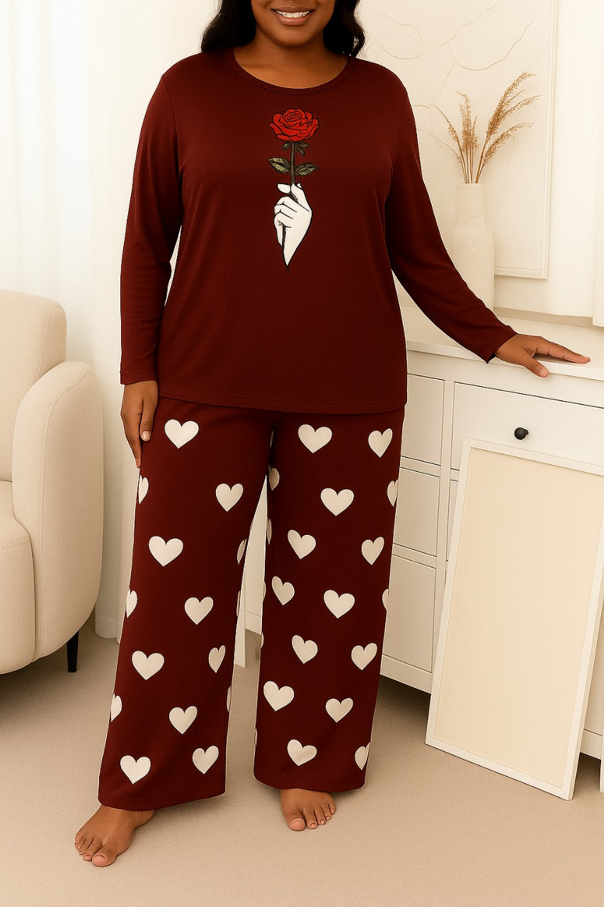 Rose Flower Printed Full Maroon Shirt with White  Heart Printed Trouser