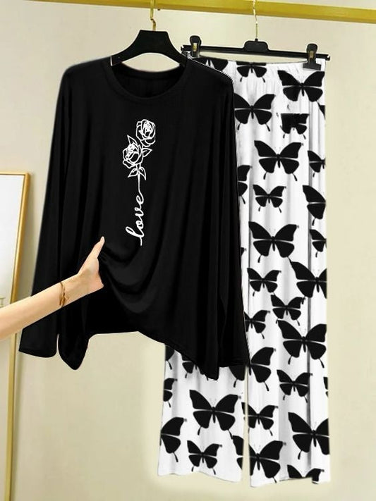 Rose Love Printed Black Shirt with Butterfly Printed Trouser
