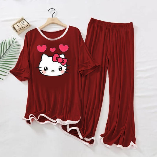 Maroon White Border  kitty  Printed Shirt & Palazzo