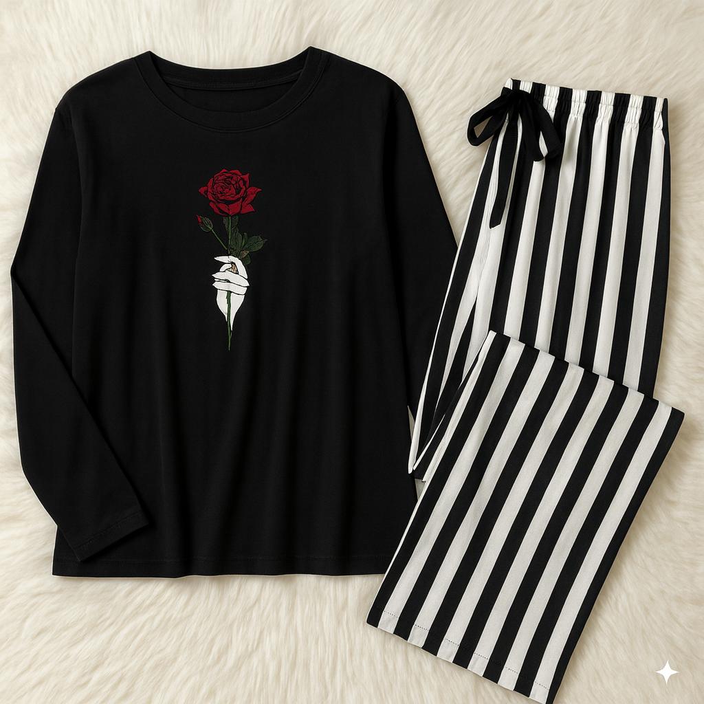 Black Rose Flower Printed Shirt With Black Lining Trouser ( Full Sleeves )