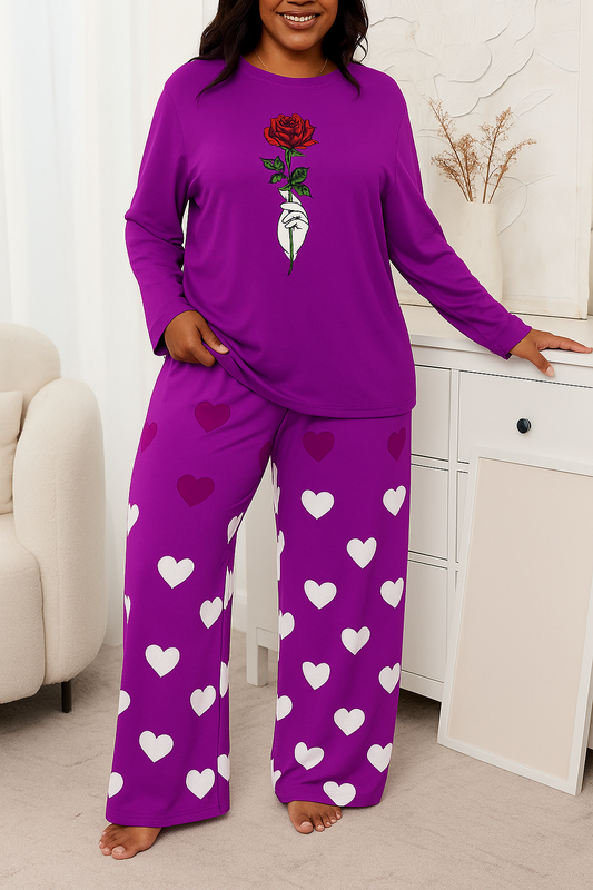 Rose Flower Printed Full Purple Dress with White  Heart Printed Trouser