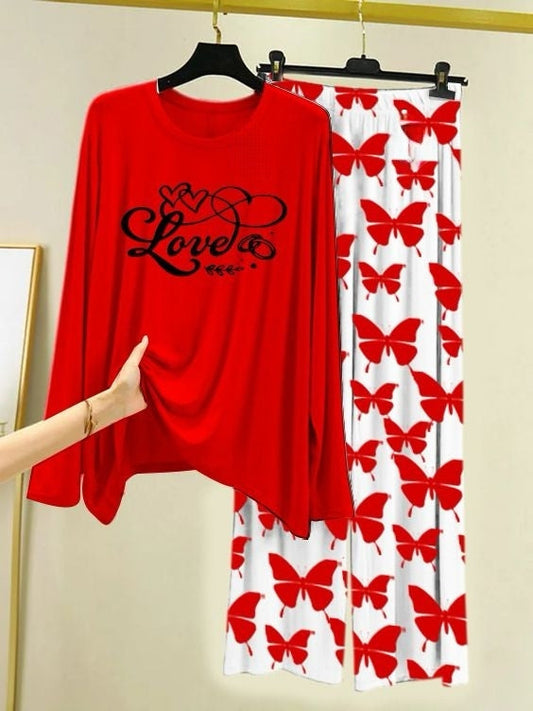 Love Script Printed Red  Shirt with Butterfly Printed Trouser